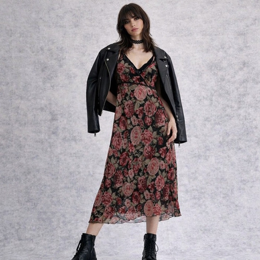 Vintage Meghan Matthews Floral Chiffon Baby Doll Slip Dress Roses Grunge Y2K 12